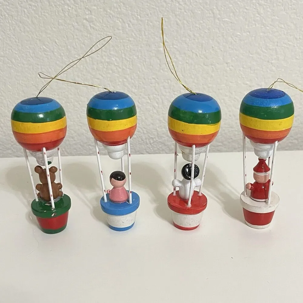 Vintage Wooden Rainbow Hot Air Balloon Ornaments Santa Snowman Bear Set of 4